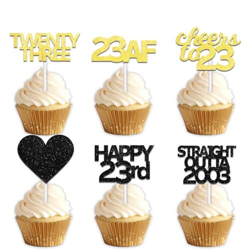 Pics à cupcakes Straight Outta 2002 paillettes noires et dorées pour fête de 23 ans