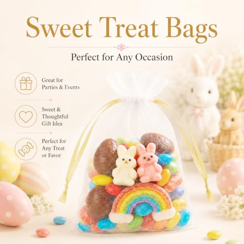 Image of ANZNKU 50 Pack Organza Bags 5 x 7 in White Small Mesh Gift Bags with Gold Drawstring for Wedding, Goodie Bag for Candy Jewelry Soap Makeup, Treat Sachet Pouch for Baby Shower Graduation