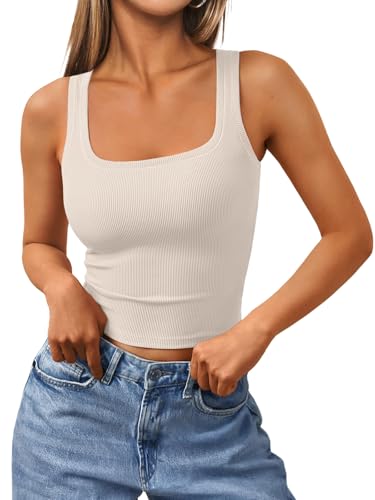 Trendy Queen Women's Summer Square Neck Tank Tops Workout Cropped