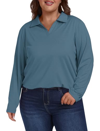 MoFiz Women's Plus Size Golf Long Sleeve Polo Shirts V Neck Workout Casual Loose Fit Tops XL-5XL