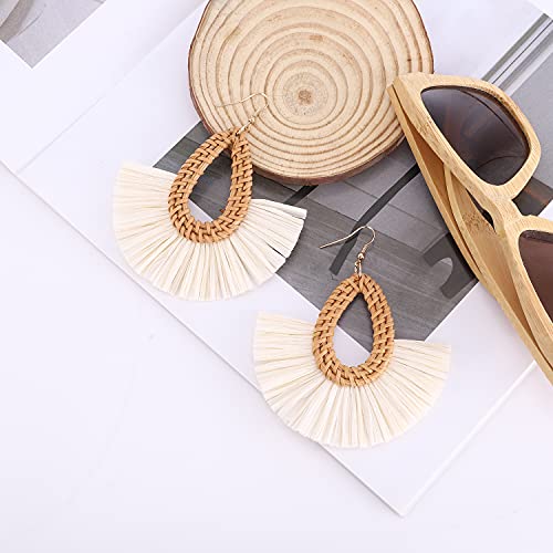 Ladies Handmade Rattan Earrings - Tassel A Type Straw Wicker Earrings Bohemian Geometry Earrings Circle Pie Shape Earrings (Water Droplets) #TOP2