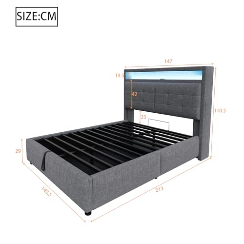 LAKFEW Polsterbett 140x200 cm, Doppelbett Stauraumbett mit LED-Beleuchtung und USB-Steckdose, Funktionsbett mit Hydraulischem Stauraum und Regal und Lattenrost, Grau, Ohne Matratze, Leinen – Bild 3