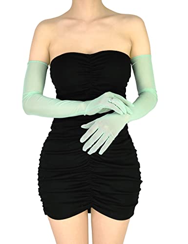 XXDingbs Womens 1920s Flapper Extra Long Sheer Opera Gloves Mesh Tulle Gloves for Bridal Christmas Costume Party Dance Sage Green