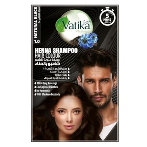 Vatika Naturals Instant Henna Shampoo Hair Colour Natural Black (20ml + Gloves) | With Blackseed Extracts | 100% Grey Coverage in 5 Minutes | No Ammonia | Lasts Up to 24 Washes