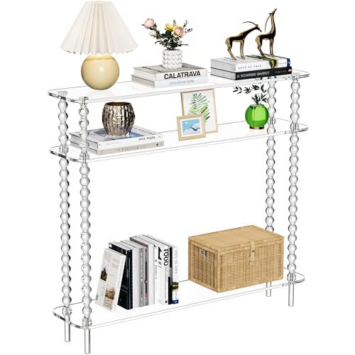 Acrylic Console Table Narrow, 3 Tier Long Entryway Table with Storage, Mid-Century Modern Sofa Table Entry Table for Living Room, Hallway (Clear, 39.4“×9.4”×35.4“)