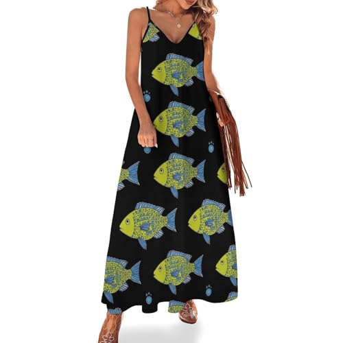 MoBlinko Spaghetti Strap Dresses for Women Green Blue Fish V-Neck Sleeveless Maxi Dresses Loose Casual Summer Dress XL