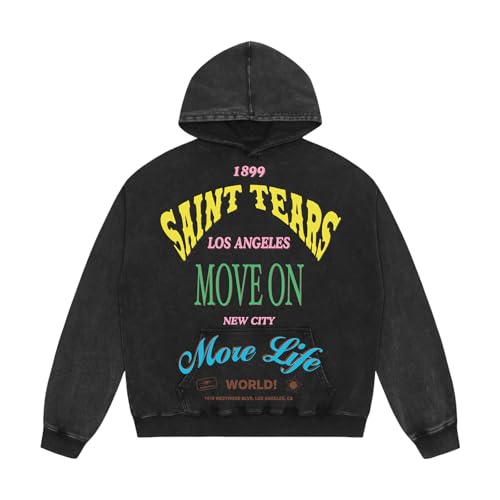 Saint Tears Mens Oversized Hoodies Pullover Acid Wash Hoodie Graphic Print Casual Hoodie Vintage Sweatshirt Streetwear Unisex