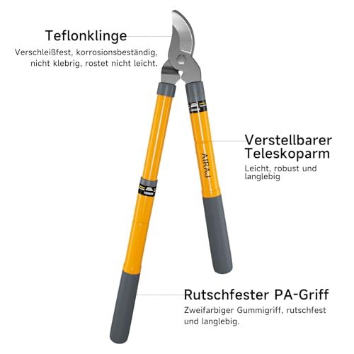 AIRAJ Astschere | 42-61cm Teleskop Astschere | Bypass Gartenschere | Scharfe SK5-Kohlenstoffstahl Klinge | Schnelles Schneiden | Beschneidet Mühelos Äste(35mm Max) | für Frische und Verwelkte Zweige