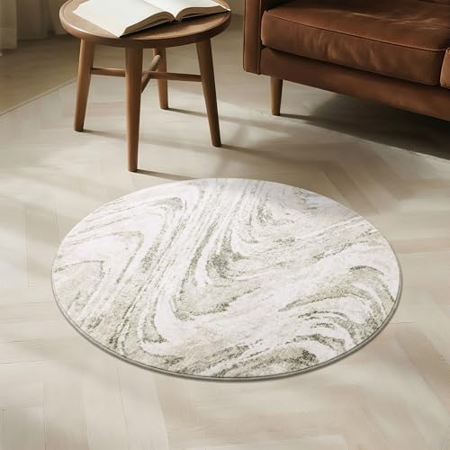 Image of Carvapet 2ft Round Rug Beige Modern Abstract Washable Low Pile Carpet