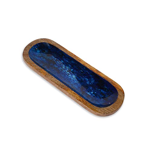 Edhas Mango Wood Modern Incense Ash Catcher, Incense Stick Holder For Home Décor, Yoga, Meditation (Aqua Blue) (11" X 4" X 1") #TOP1