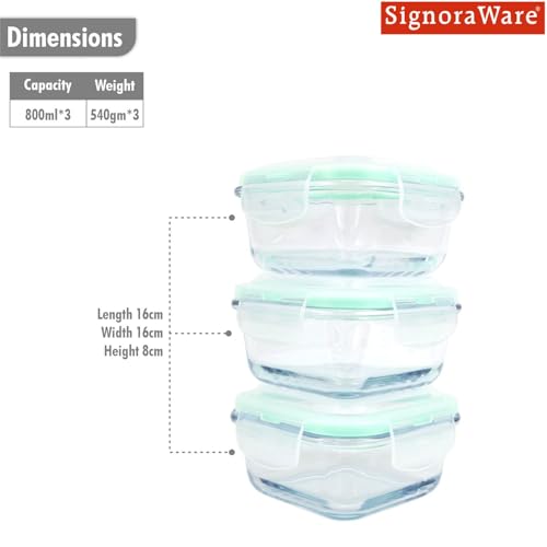 Image of Signoraware Lock N Store Borosilicate Glass Square Container | Airtight & Leakproof | Stain Resistant | Microwave Safe | Ideal for kitchen Storage and lunch packing (800mlx3| Setof3 | Clear)