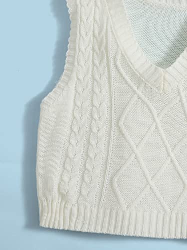 Oyoangle Girl's Cable Knit V Neck Sweater Vest Sleeveless Pullover Knitwear Tank Tops White 11-12Y #TOP3