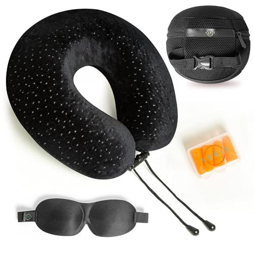 Aeris Memory Foam Travel Pillow for Airplanes - Adjustable Neck Pillow for Long Flights - Carry Bag, Ear Plugs and Eye Mask Included - Complete Flight Set & Gift
