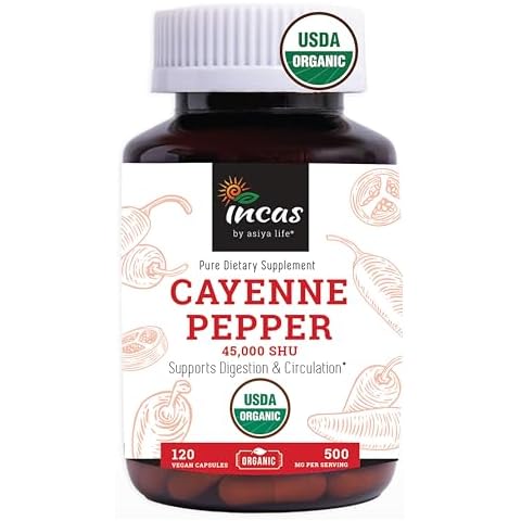INCAS 100% USDA Organic Cayenne Pepper 120 Capsules (500mg) 45,000 SHU Traditional Digestion & Circulation Support Pure, No Additives & Fillers | 120 Servings Cover