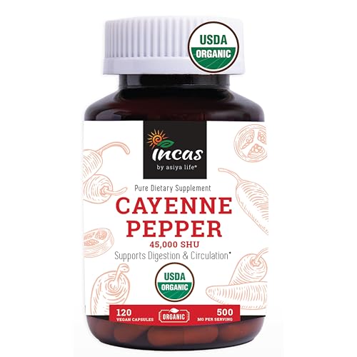 INCAS 100% USDA Organic Cayenne Pepper 120 Capsules (500mg) 45 000 SHU Traditional Digestion & Circulation Support Pure No Additives & Fillers | 120 Servings