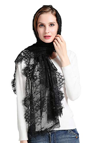 Leimandy Wedding Lace Veil Headcovering Floral Scarf Lace Shawl S08 (Black)