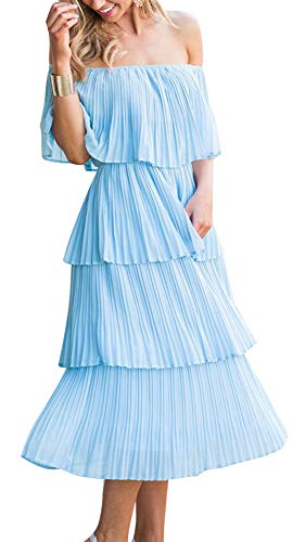 Etcyy Women's Off The Shoulder Summer Chiffon Tiered Ruffle Pleated Casual Midi Dress Blue #TOP2