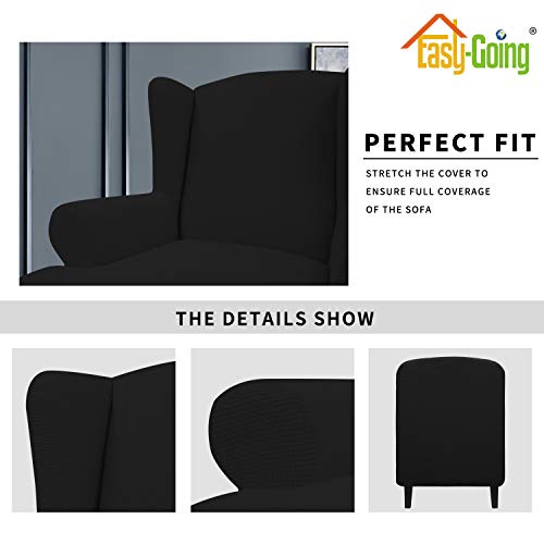 Image of Easy-Going Stretch Large Wingback Chair Sofa Slipcover Black | 1-Piece Sofa Cover Furniture Protector Couch Soft with Bottom, Spandex Jacquard