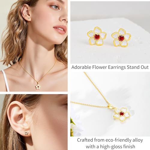 KYNOX Flower Necklace Earrings Set for Women 14K Gold Plated Hypoallergenic Sets Pair with different birthstones for Wedding Party Bridal Bridesmaid Accessories (Gold, 18in, Bright Red) — view 5