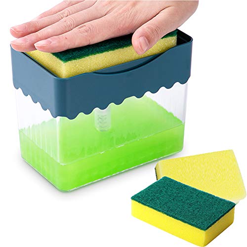 Dish Soap Dispenser for Kitchen Soap Dispenser with Sponge Holder, Soap Dispenser for Kitchen Sink Soap Dispenser,Soap Pump Dispenser Sponge Holder, Upgrade Sponge Soap Dispenser All in ONE (Navy)