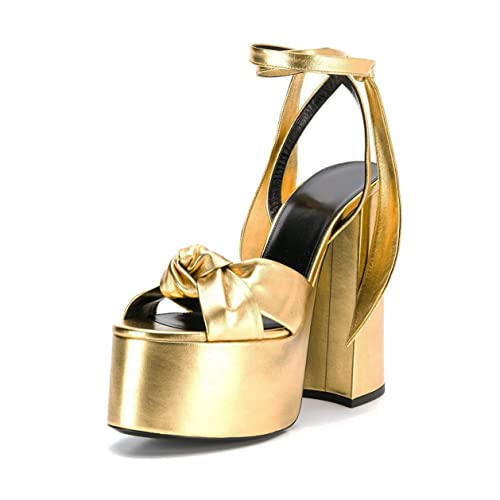 Goolita Metallic Lace Up Chunky Heel Platform Heels For Women Open Toe Slingback Ankle Strap Heeled Sandals Bow Sexy Fashion Evening Party Shoes