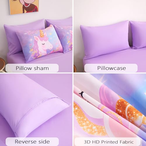 Image of Queen Comforter Set for Girls 7 Piece Purple Unicorn Bedding Set for Girls Super Soft Microfiber Bed Set Bed in a Bag with Comforter Sheets Pillowcase & Sham