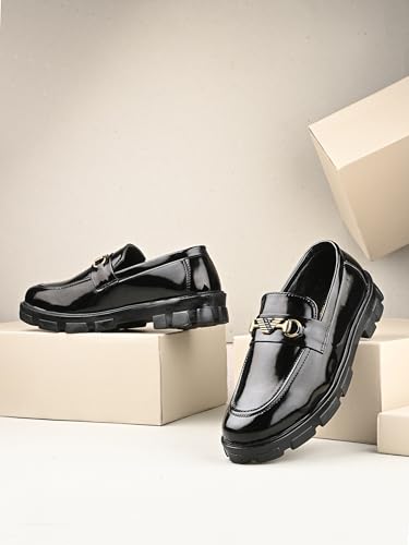 Image of Aaravin's Shiny Synthetic Patent Leather Slip-On Loafers | Chunky TPR Sole Moccasins with Stylish Metallic Buckle | Trendy Comfortable Footwear for Parties, Office and Daily Use