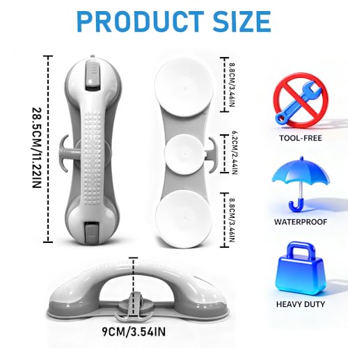 2 Pack Grab Bars for Bathtubs and Showers with 3 Suction Cups, Heavy Duty Handle Removable Handrails for Seniors and Elderly, Bathroom Safety Grip No Drilling Waterproof - Thumbnail 2