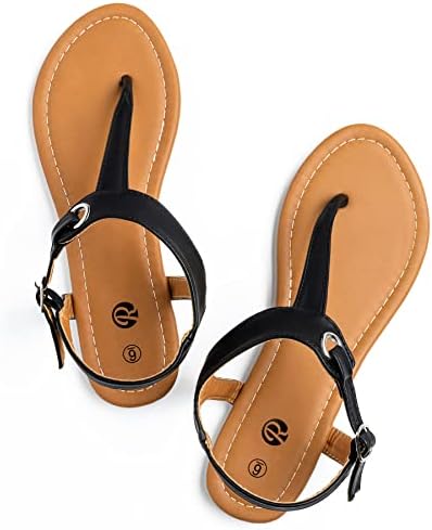 Rekayla Flat Thong Sandals with T-Strap and Adjustable Ankle Buckle for Women BLACK 07