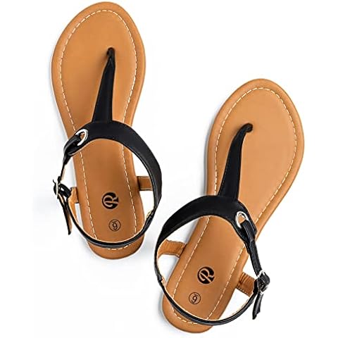 Rekayla Flat Thong Sandals with T-Strap and Adjustable Ankle Buckle for Women Black 105 Cover