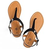 Rekayla Flat Thong Sandals with T-Strap and Adjustable Ankle Buckle for Women BLACK 075