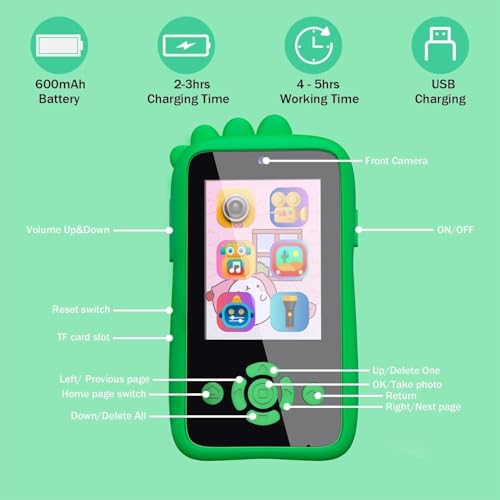 Image of Kids Smart Phone for Girls & Boys Ages 3-10 Toddler Learning Toy Touchscreen Mobile with Dual Camera Play Cellphone Games Music Christmas & Birthday Gift for Kids ( Green Dino )
