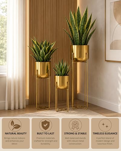 Image of Gold Metal Planters Set of 3 with Stands, 16 /19 /24.5 Inch Tall Decorative Indoor Plant Pots for Living Room, Balcony & Office