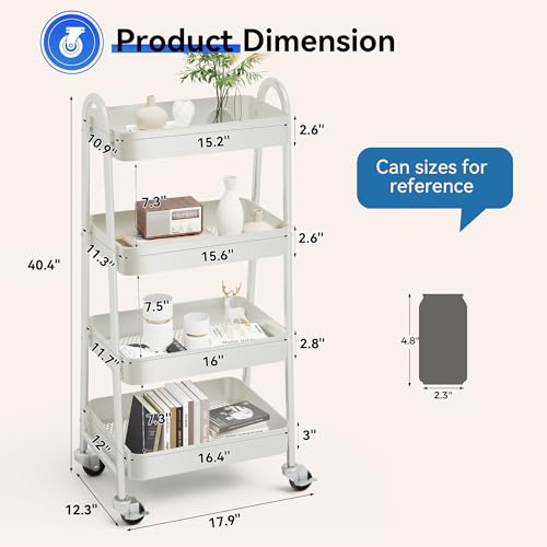 Image of OLIXIS Metal 4 Tiers Utility Rolling Cart, Mobile Storage Shelf with Lockable Caster Wheels, Organization for Livingroom, Bathroom & Narrow Places, 4-Tier White