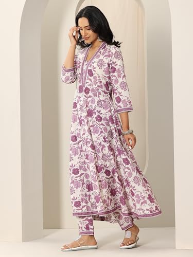 Image of Mauve floral printed anarkali kurta and printed palazzo with embellished dupatta | ethnic wear | bridal suit | occasion wear