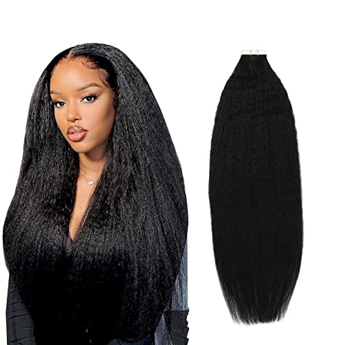 YoungSee Tape in Hair Extensions Human Hair Kinky Straight 16inch Kinky Straight Tape in Extensions Black Human Hair Seamless Skin Weft Kinky Tape Hair Extensions for Black Women