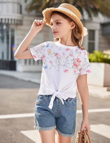 Image of Arshiner Girls Short Sleeve Shirts Tie Knot Front Tops T Shirts for Kids Crewneck Cute Casual Tie Dye Tee Blouse