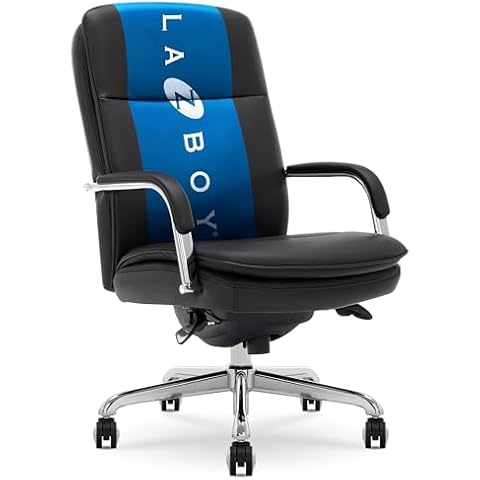 La-Z-Boy Opus Executive Mid-Back Office Chair, Channel-Tufted Seat and Back, Double-Layer Cushion, Padded Arms, Ergonomic Computer Desk Chair, Swivel Metal Base, Bonded Leather, Black and Chrome Cover