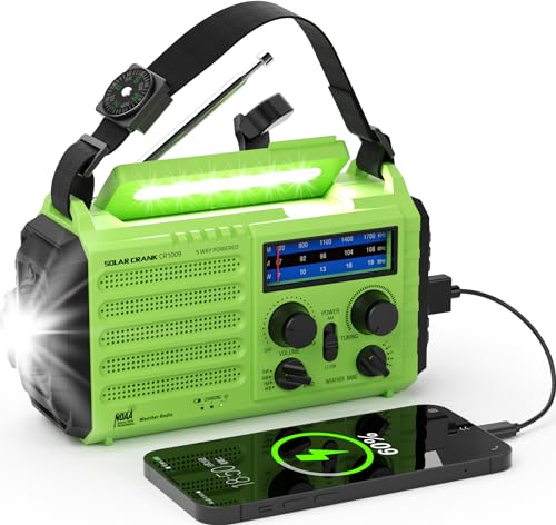 NOAA-Certified Emergency Weather Radio, AM/FM Portable Solar Hand Crank Powered with Flashlight &...