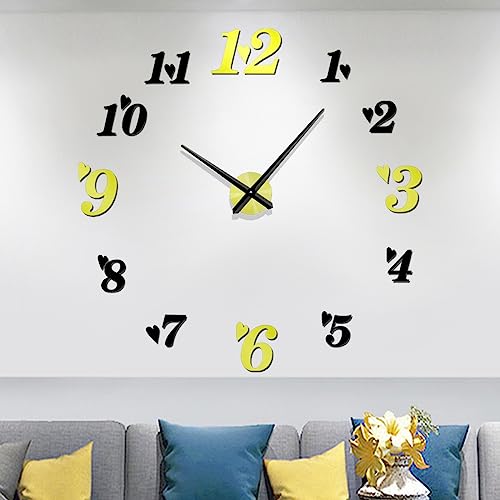 Meyiert Modern Mute DIY Frameless Large Wall Clock 3D Mirror Effect Acrylic Sticker Metal Big Watches Wall Clock (Black Gold)