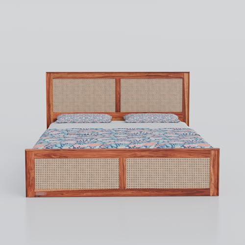 Image of DRIFTINGWOOD Amber Solid Sheesham Wood King Size Bed with Box Storage | Rattan Cane Headboard & Footboard Wooden Bed for Bedroom | Honey Finish (Self Assembly Required)