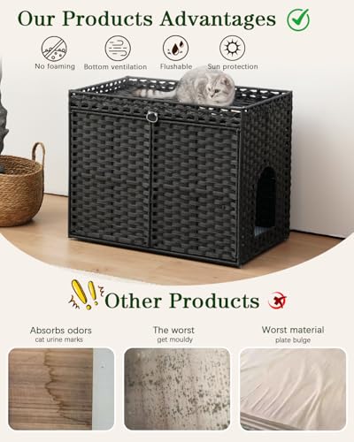 Image of SETVSON Cat Litter Box Enclosure Furniture, Hidden Litter Box, Cat Litter Box Cabinet with 2 Litter Mats, Handwoven Rattan Large Space Cat House, Indoor for Living Room, Bedroom, Apartment Black