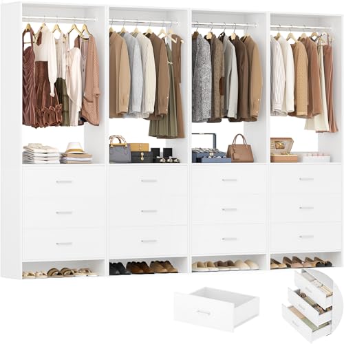 Aheaplus Closet System Closet Organizer, Wood Closets Organizer System, Walk-in Closet or Wardrobe, Clothes Rack with Hanging Rods, 8FT Closets, Set of 4, White