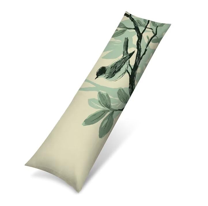 Funda de Almohada Larga 55x165 cm, Terciopelo Funda para Almohada de Cuerpo Ultra Suave para Dormir de Lado, Fundas de Cojín Decorativa con Cremallera Invisible Extra Larga, Verde salvia pájaro 0J-237