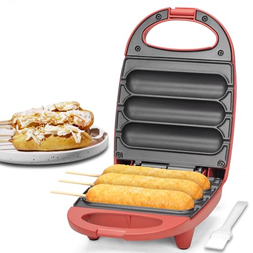 Image of SugarWhisk Electric Corn Dog Maker, Fryer for 3 Mini Corn Dogs on Stick, Cheese Mozzarella Sticks & Treats, Corndog Maker Machine, Hot Dog Machine, Brush Included, Red