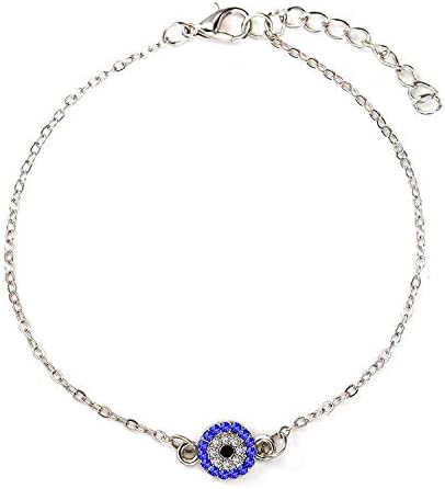 女性用シルバーイーブルアイアンクレット - 調節可能な上品なチェーンアンクレット ブルークリスタルチャーム付き、日常着用のエレガント