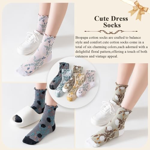 Image of Womens Ruffle Crew Socks Vintage Patterned Ankle Casual Fashion Dress Sock Cute Lettuce Floral Socks 5 /6 Pack