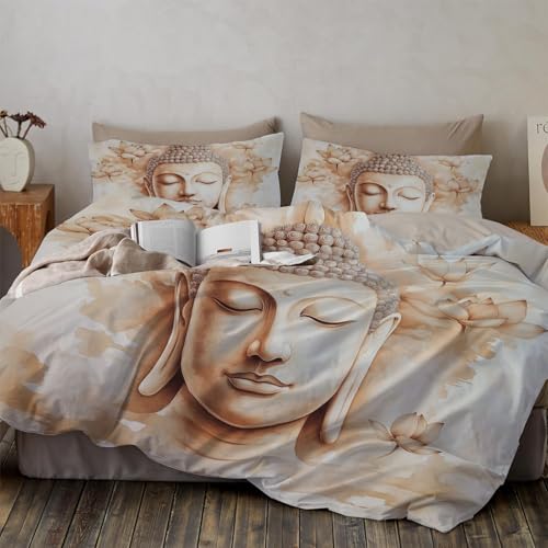 Parure housse de couette bouddha aquarelle beige 2 personnes avec taies d'oreiller 65x65