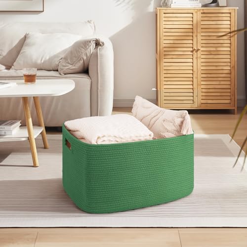 Image of OIAHOMY 75L Large Blanket Basket, Woven Cotton Rope Baskets for Organizing 22 inchx17 inchx12 inch, Blanket Basket living Room, Toy Storage Bins for Nursery, Green