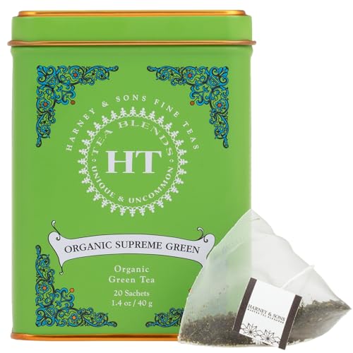 Image of Harney & Sons HT Organic Supreme Green Tea, 20 Sachets, Tea Tin | Organic green tea with 20 sachets in a reusable tea tin. Caffeinated.